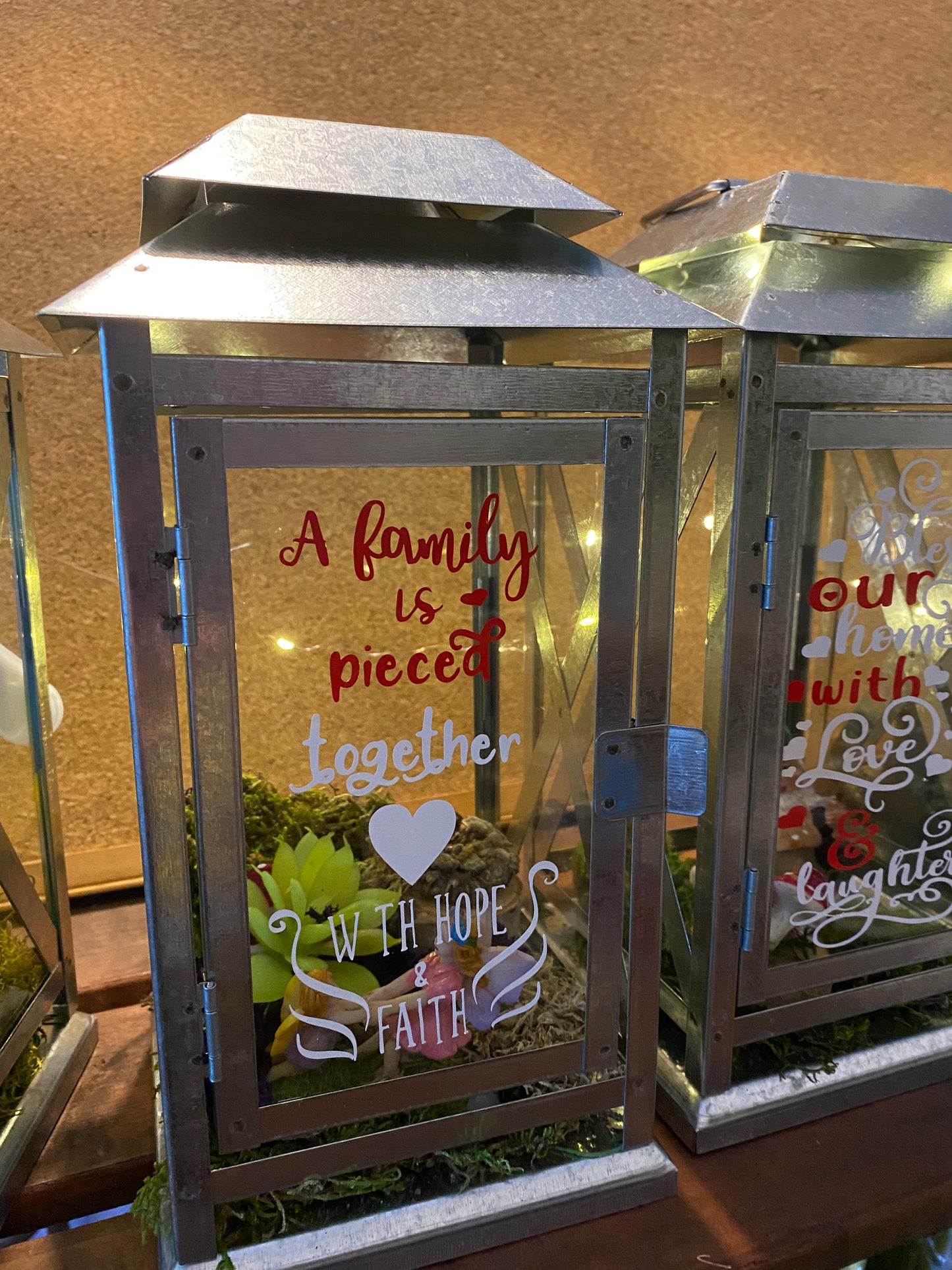 Decorated lanterns with vinyl text and led light