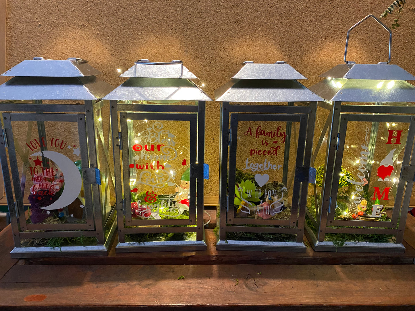 Decorated lanterns with vinyl text and led light